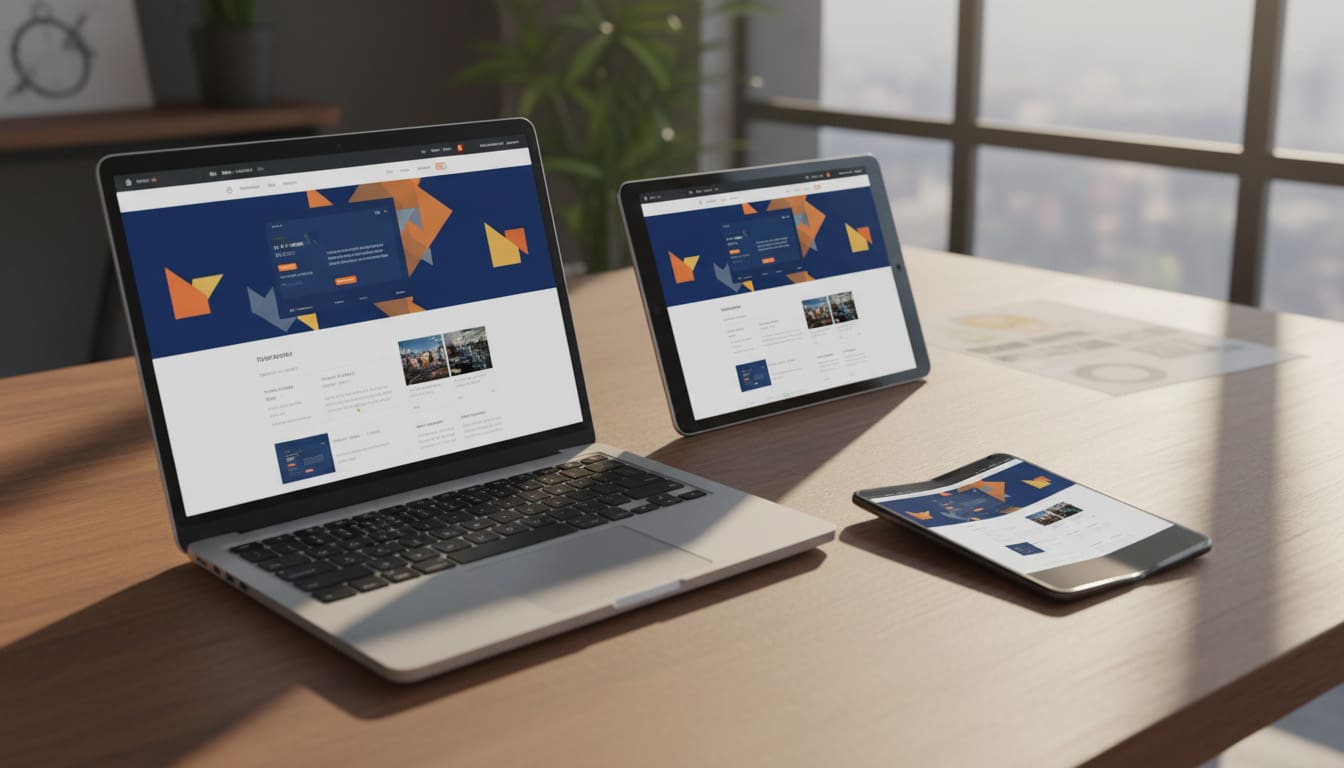 Laptop, tablet, and foldable smartphone showing the same responsive website layout adapting seamlessly across devices, symbolizing next‑gen web design.